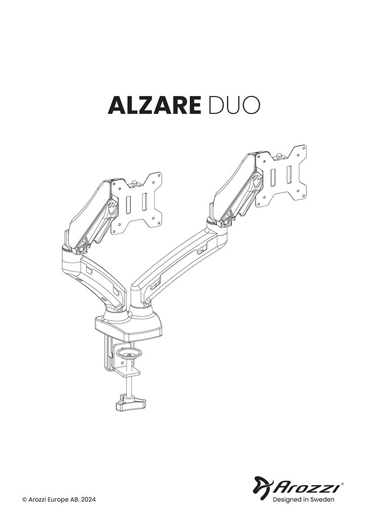 Line drawing of dual adjustable monitor arms labeled ALZARE DUO with Arozzi branding.