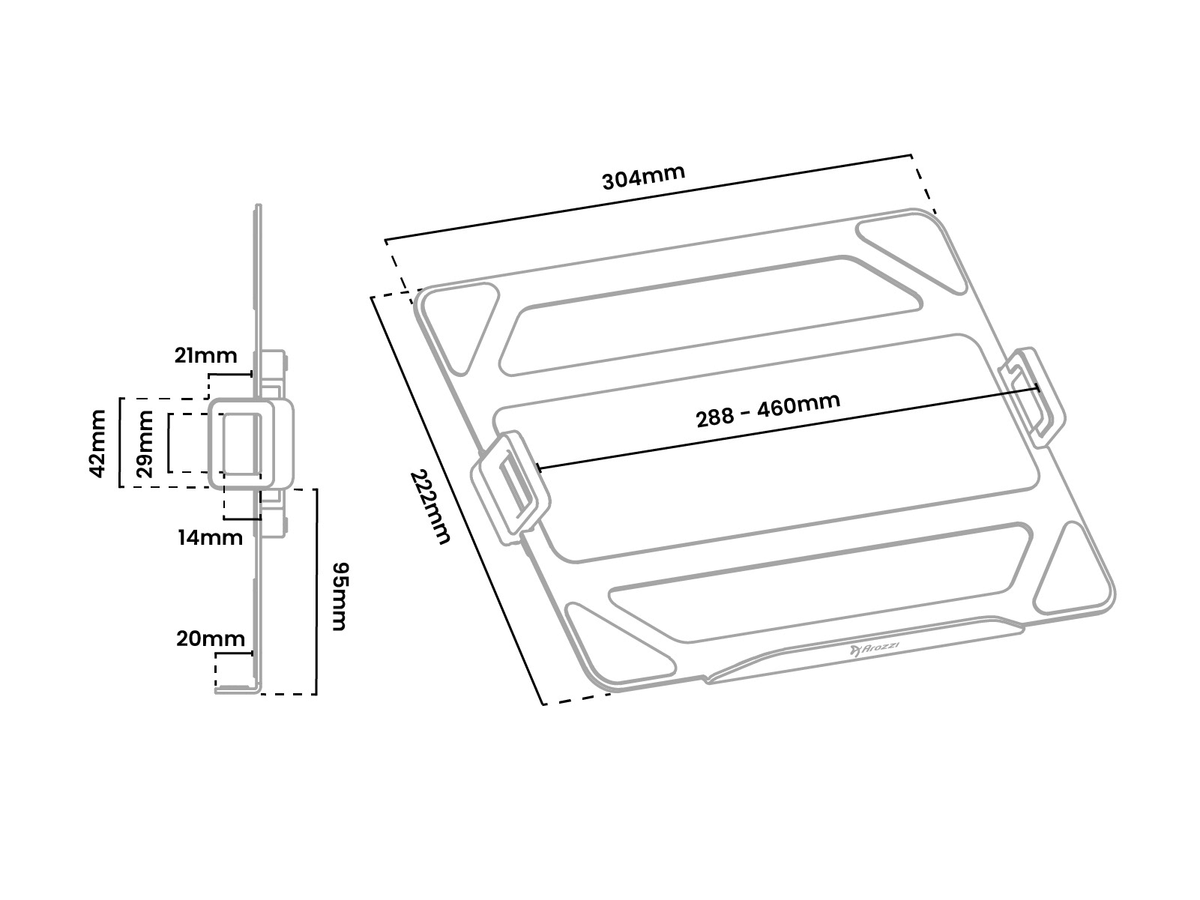 Technical drawing of an adjustable laptop stand with labeled dimensions in millimeters.