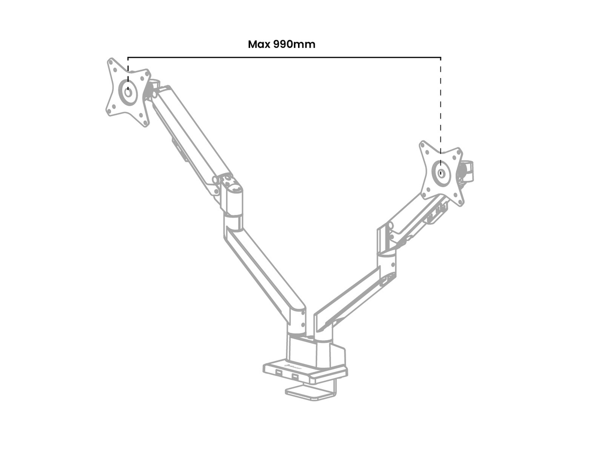 Dual monitor arm with max width of 990mm shown by a dashed line and label above.