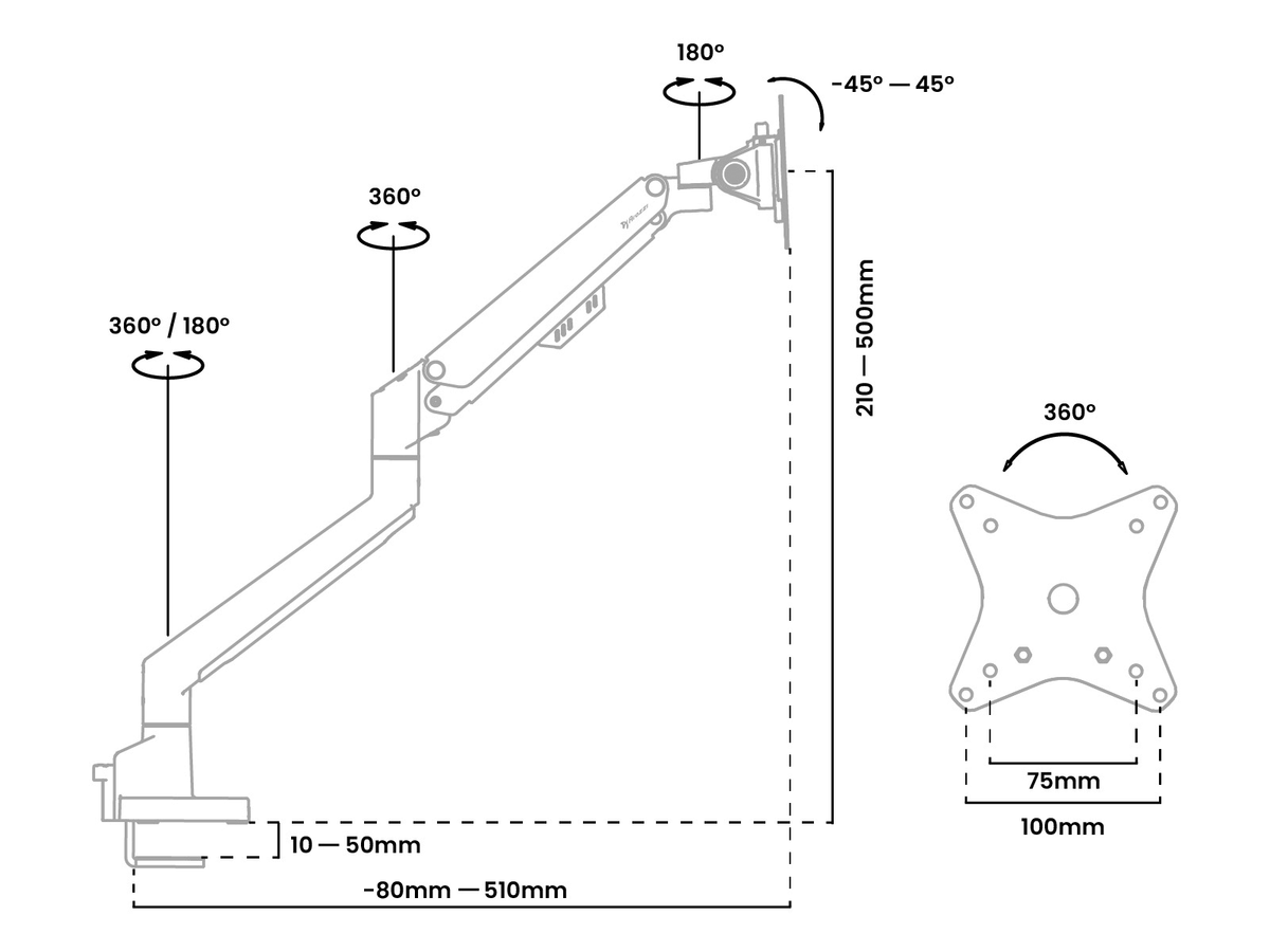 Technical diagram of an adjustable monitor arm with rotation and tilt angles, labeled measurements.