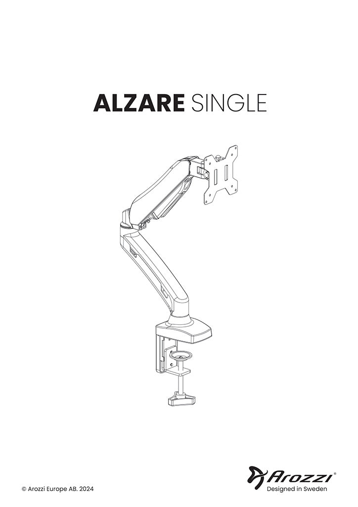 Line drawing of an adjustable desk clamp monitor arm labeled ALZARE SINGLE by Arozzi.