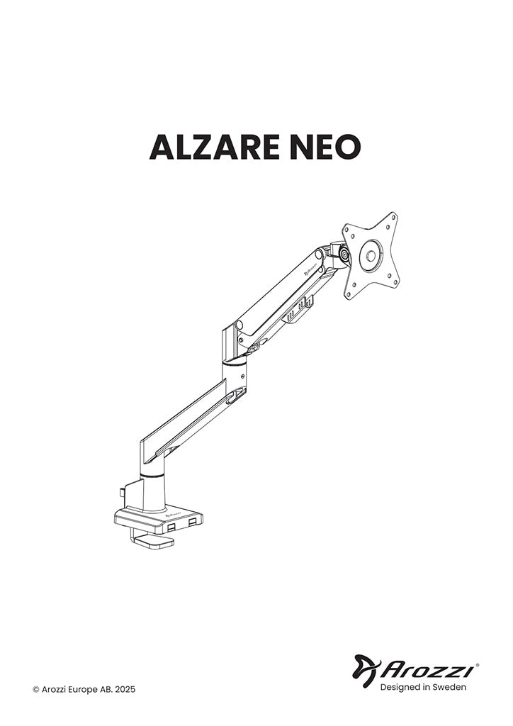 Line drawing of an adjustable monitor arm labeled ALZARE NEO by Arozzi.