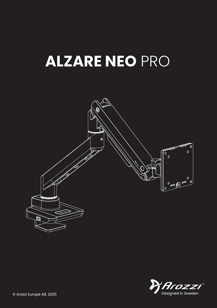 Line drawing of an adjustable monitor arm with ALZARE NEO PRO and Arozzi branding.