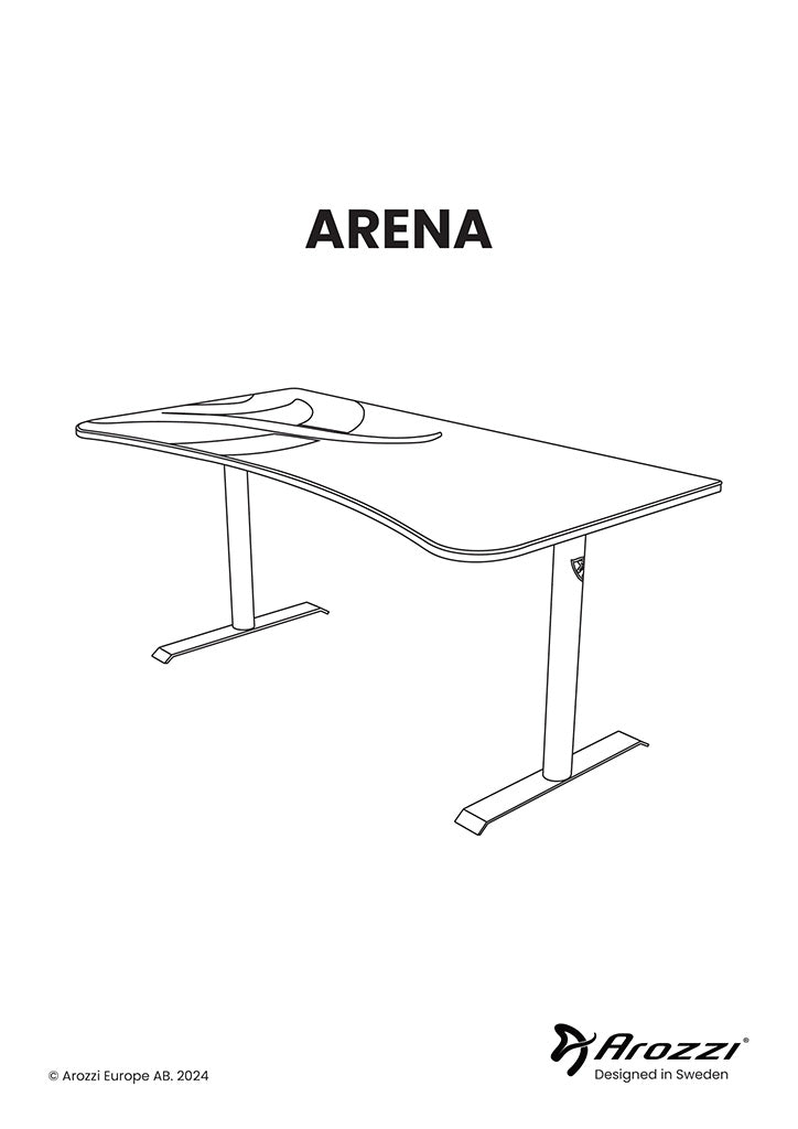 Line drawing of a curved desk with two legs and ARENA written above it.