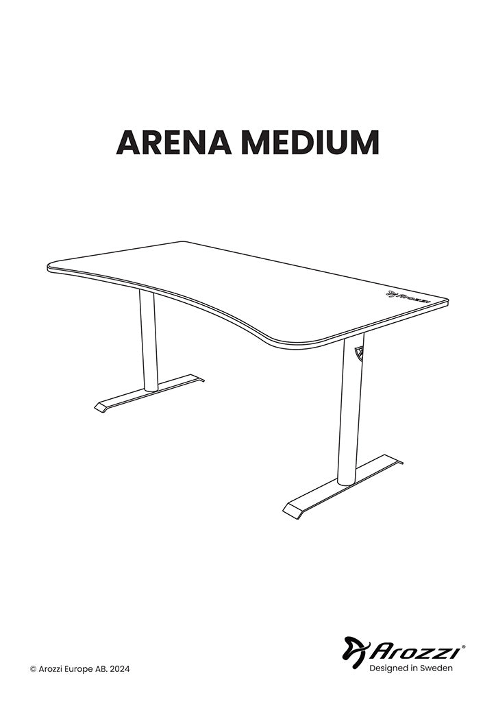 Black and white line drawing of a curved gaming desk labeled ARENA MEDIUM by Arozzi.