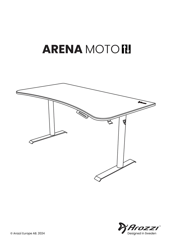 Line drawing of a curved desk labeled Arena Moto with Arozzi branding and logo.