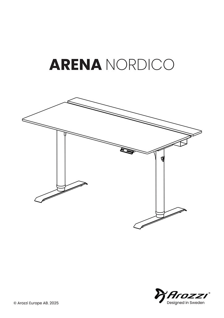 Line drawing of a rectangular desk labeled ARENA NORDICO by Arozzi, with two sturdy legs.