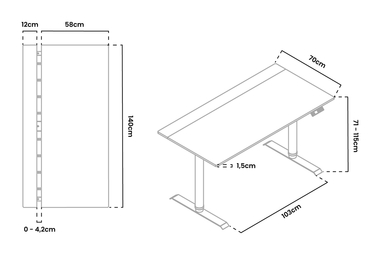 Diagram of a rectangular desk with labeled dimensions in centimeters.