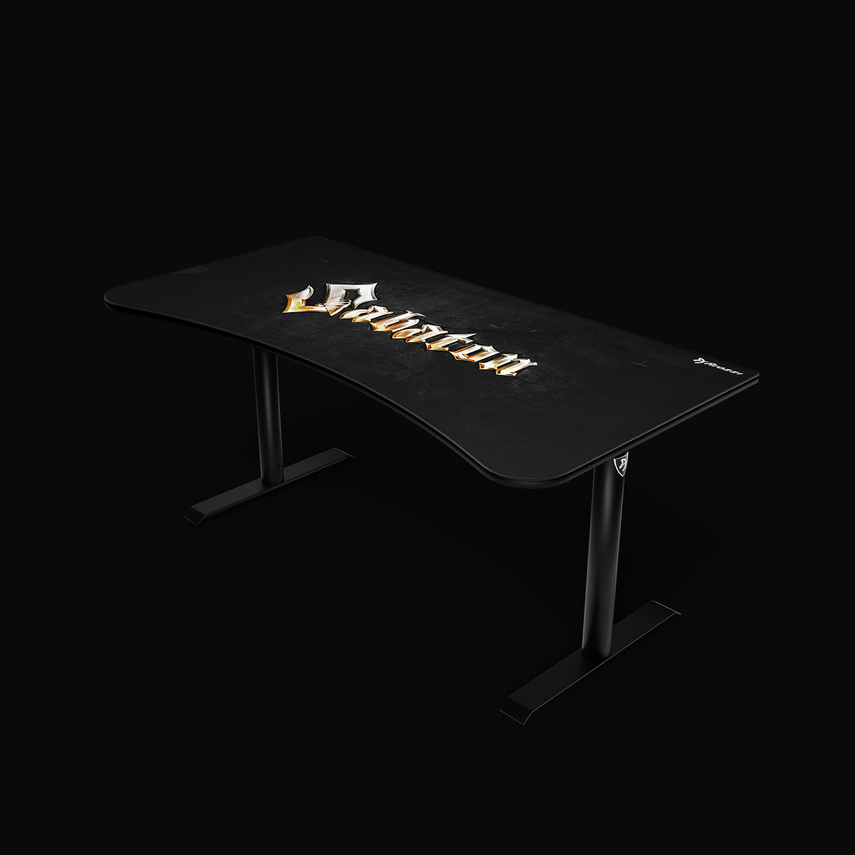 Arozzi Arena Sabaton Edition: black, durable gaming desk with curved edge, gold/white logo.