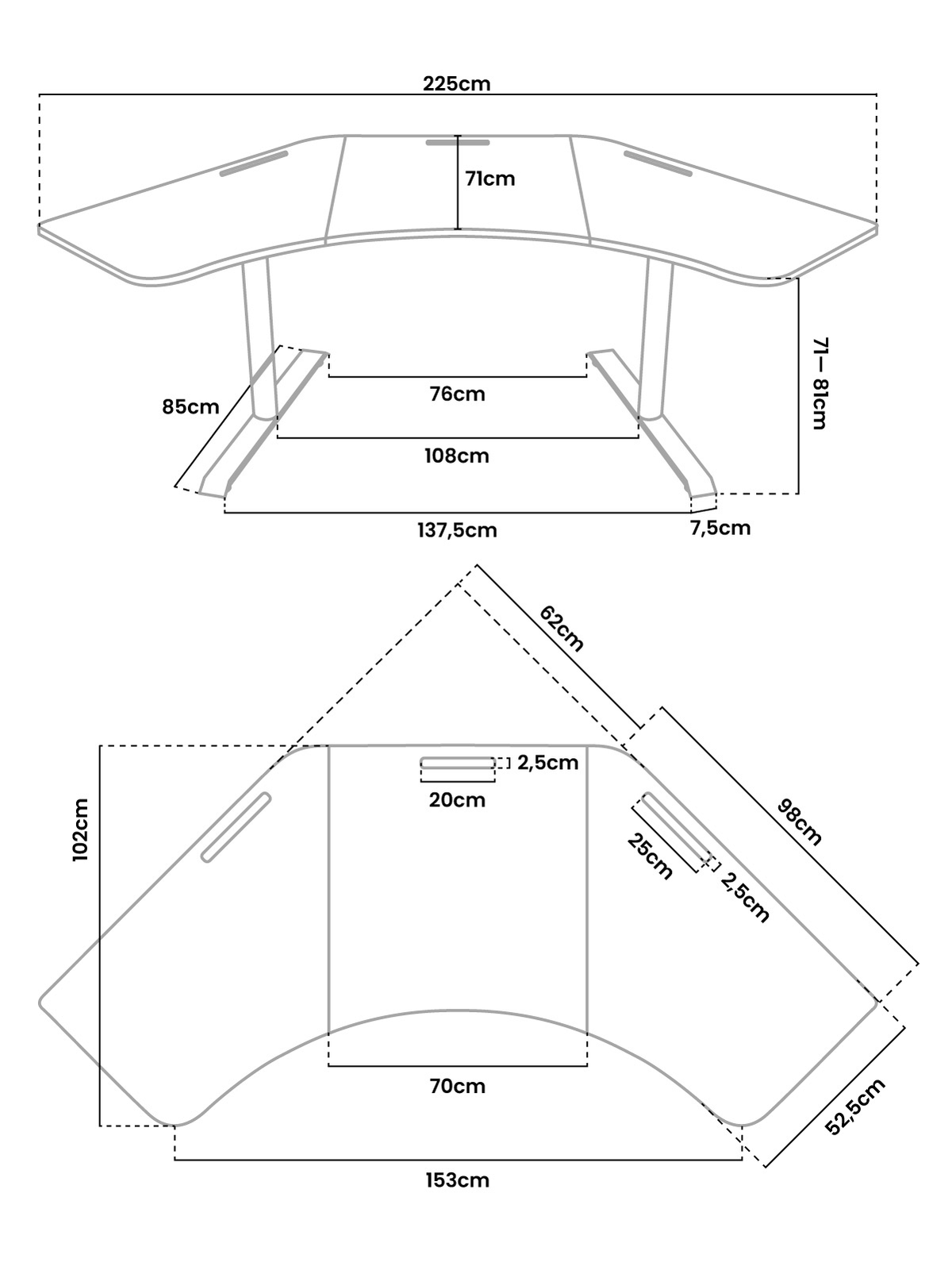 Diagram of a corner desk with detailed measurements in centimeters.