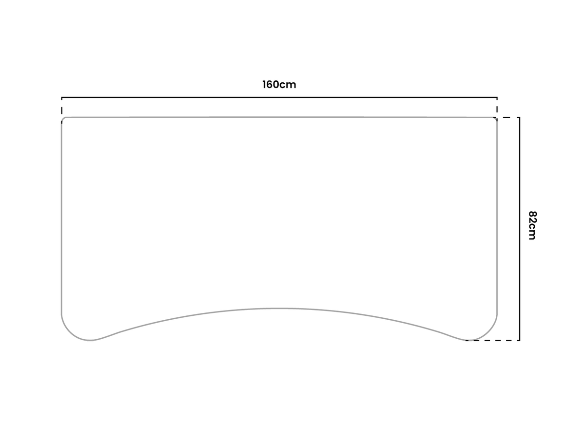 Rectangular desk top, 160cm wide and 82cm deep, with a curved front edge.