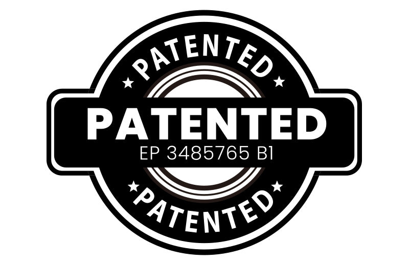 Black and white PATENTED badge with EP 3485765 B1 in the center.