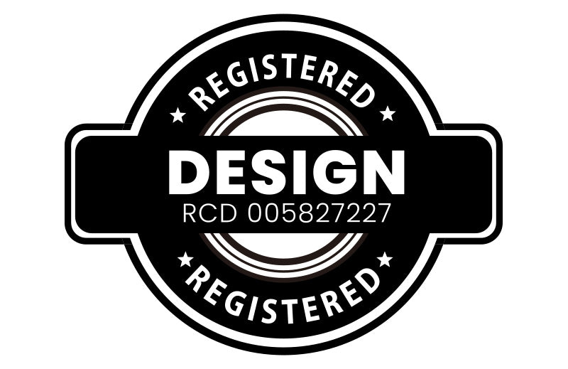 Black and white badge that says Registered Design RCD 005827227.