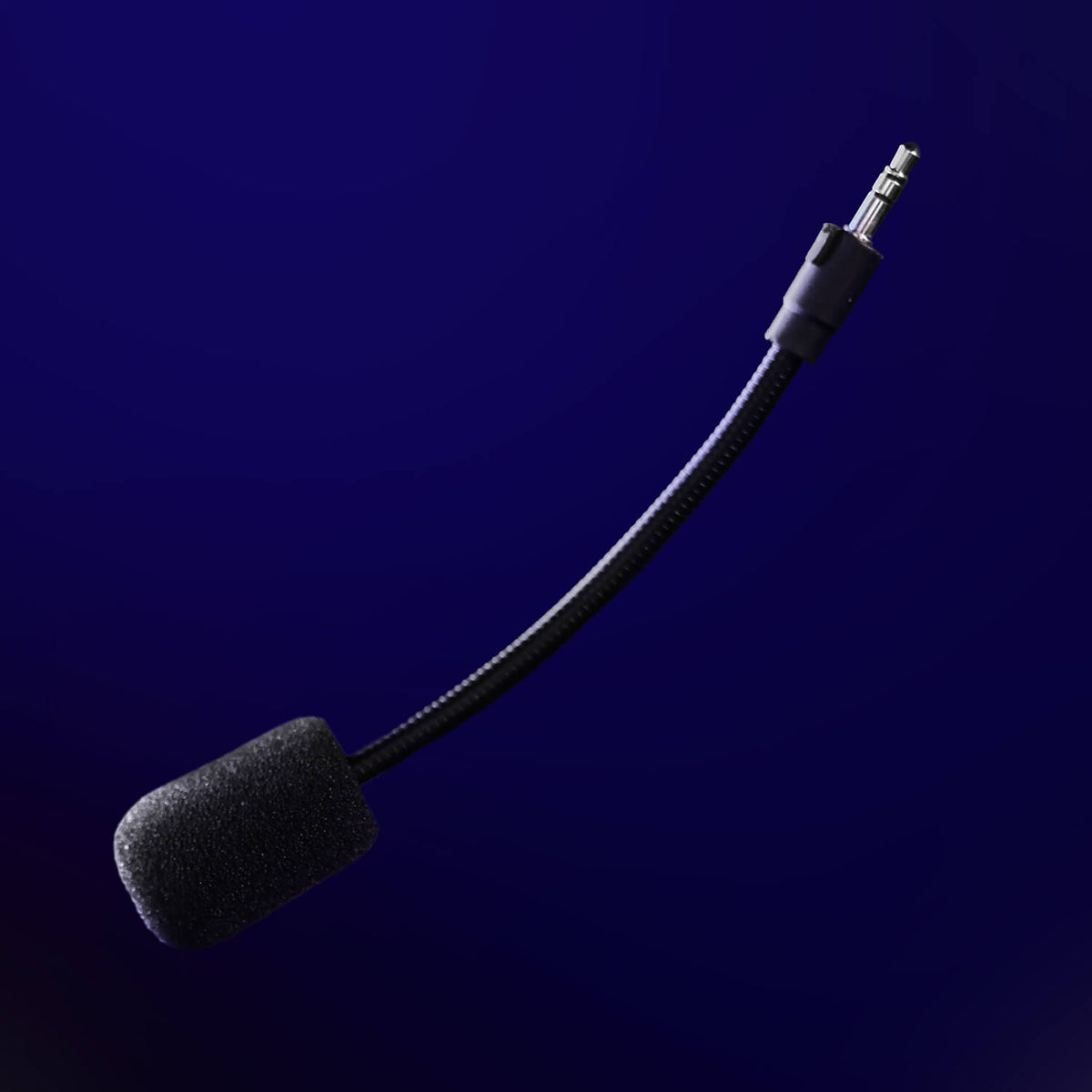 A headset microphone with a foam cover and 3.5mm plug on a dark blue background.