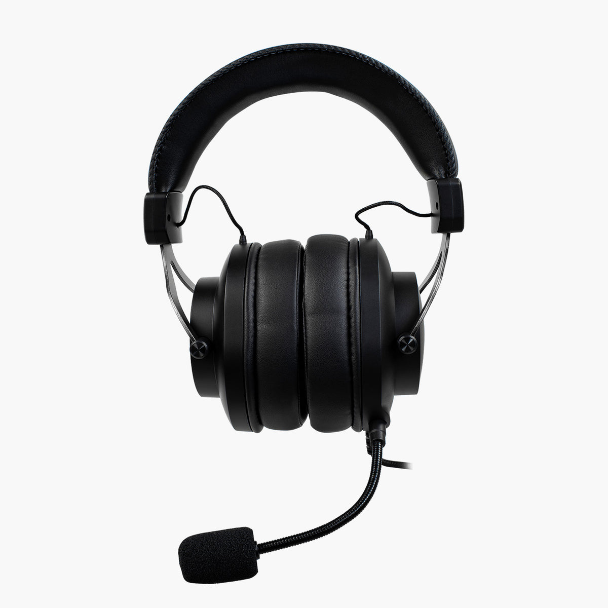 Arozzi Europe Aria Gaming Headset, black, over-ear, padded headband, front view, mic attached.