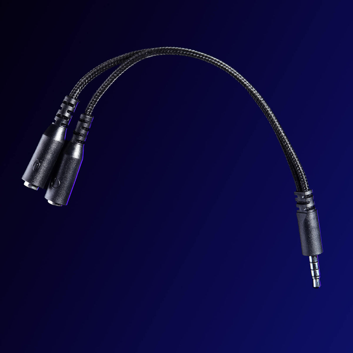 Black audio splitter cable with one male and two female connectors on a blue gradient background.