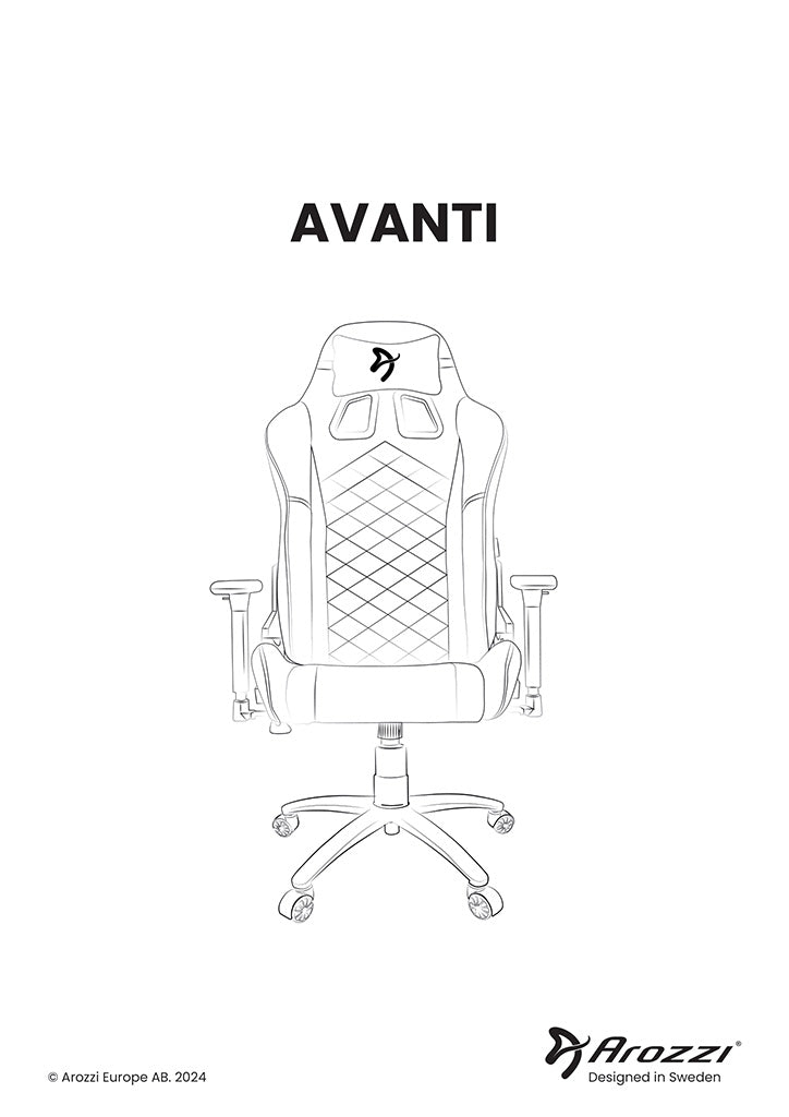 Line drawing of an ergonomic gaming chair labeled AVANTI by Arozzi, front view.