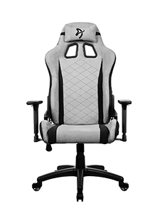 Gray and black gaming chair with headrest and armrests, viewed from the front.