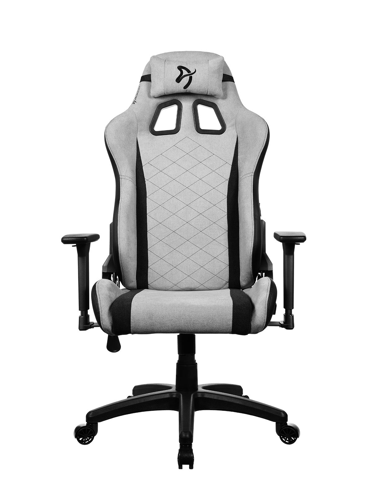 Gray and black ergonomic gaming chair with adjustable armrests, viewed from the front.