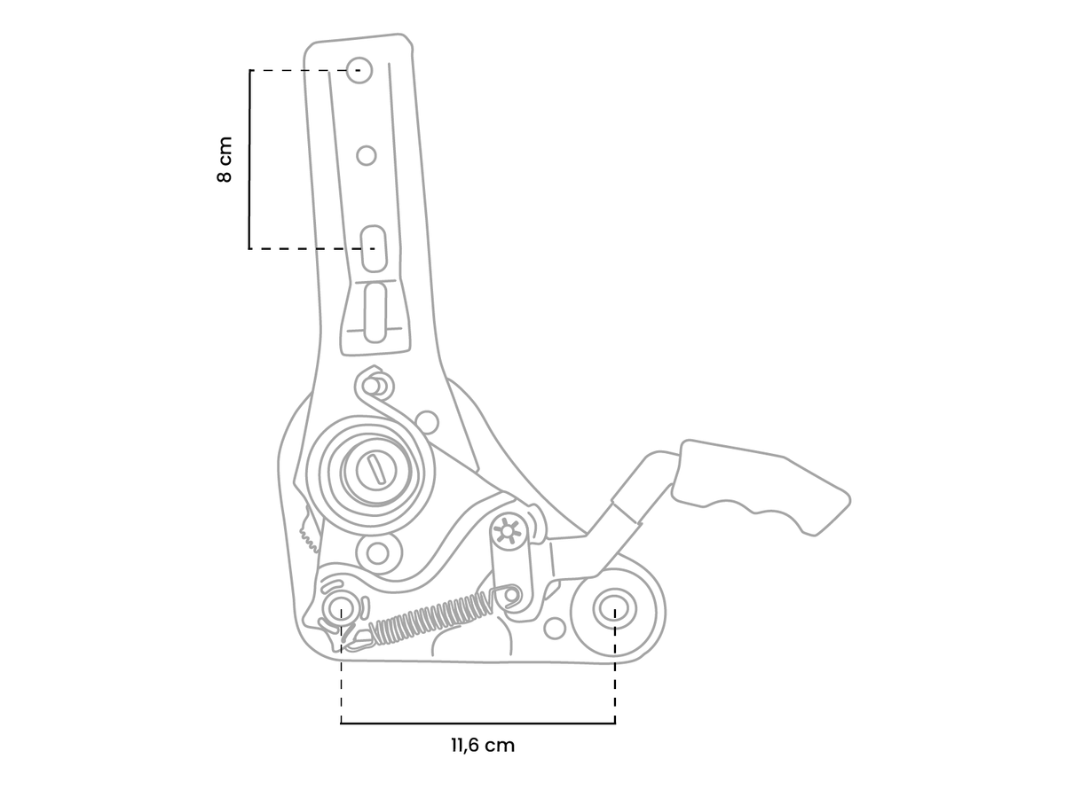 Technical line drawing of a mechanical lever with 8 cm and 11.6 cm measurements shown.