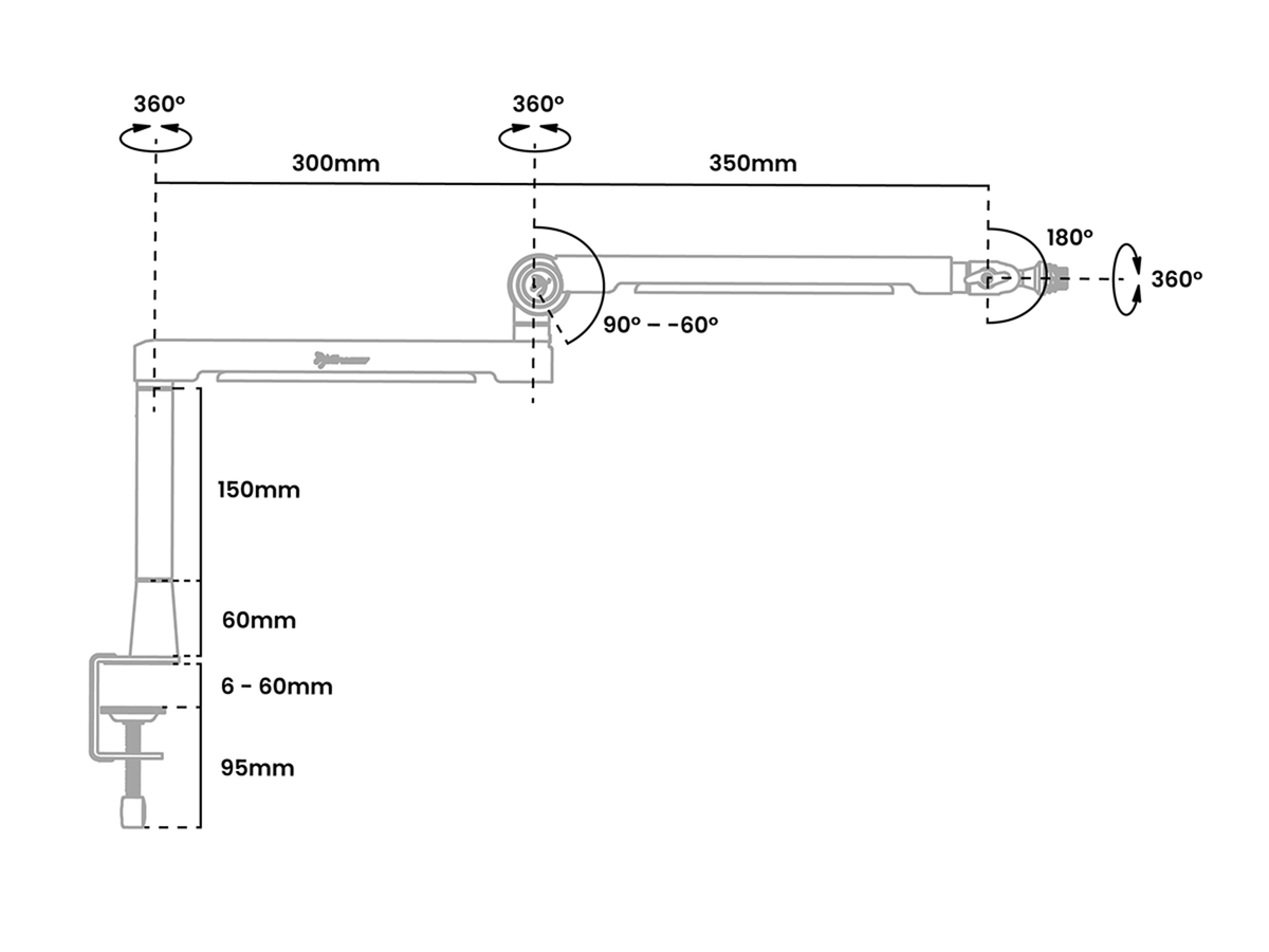 Diagram of adjustable arm with rotation angles and length measurements in millimeters shown.