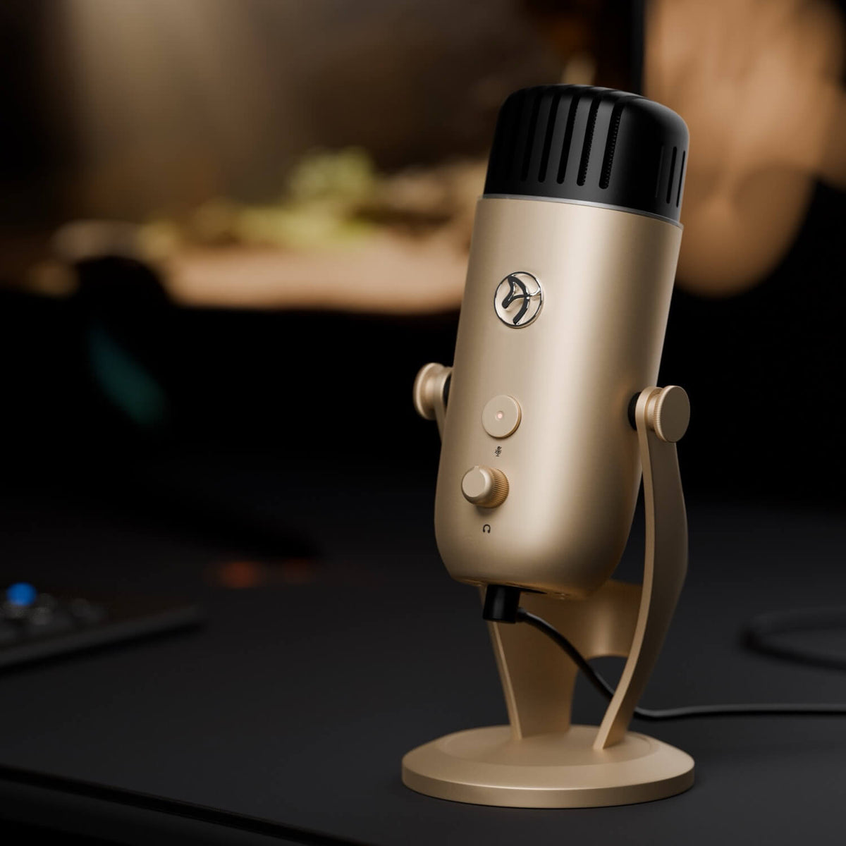 The Arozzi Europe Colonna Microphone sits on a desk, ideal for capturing studio-quality sound.