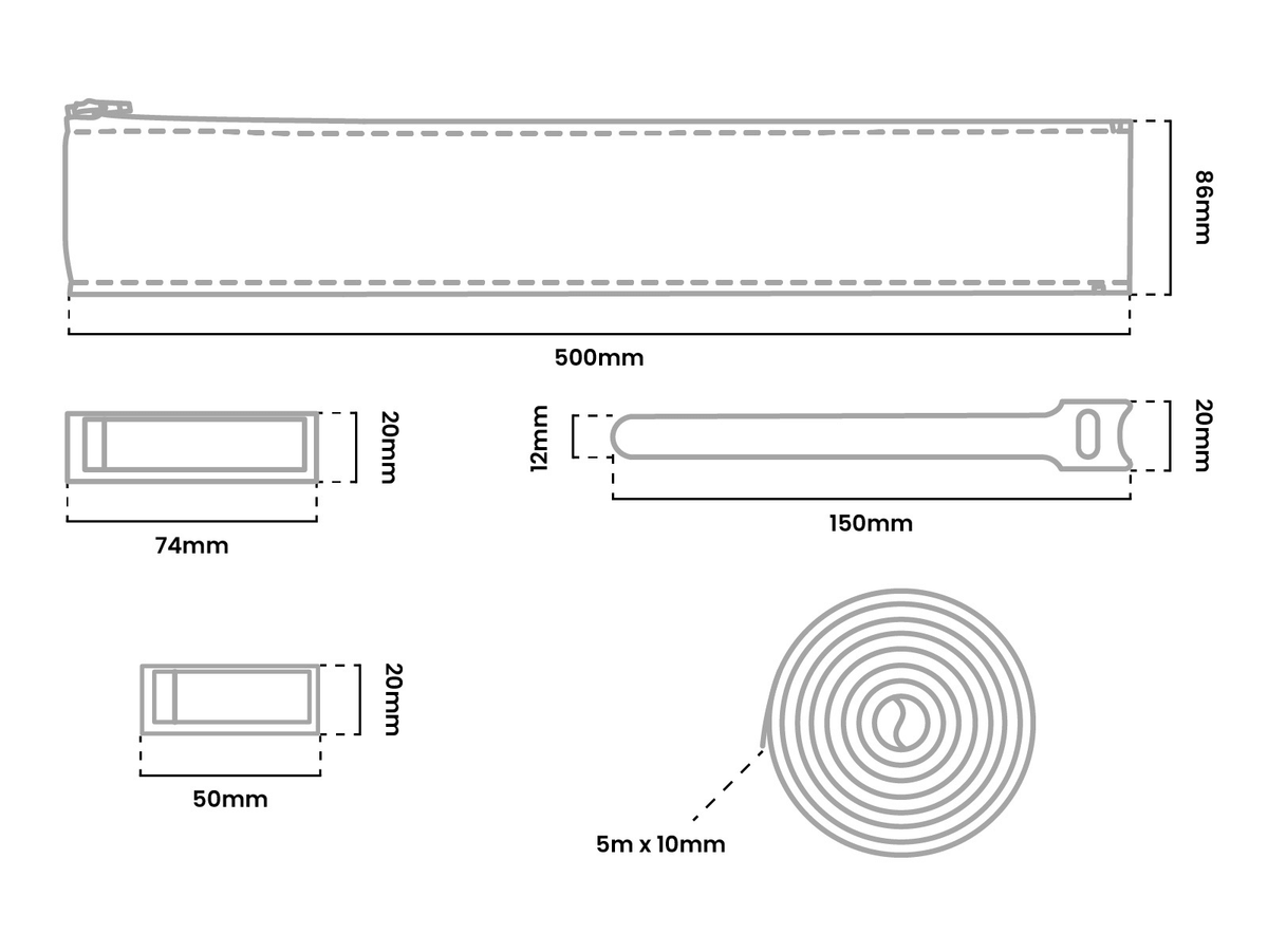 Technical drawing with dimensions of a pencil case and three rectangular and one coiled object.