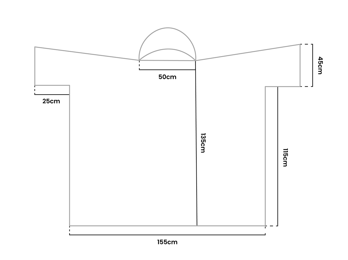 Diagram of a robe with dimensions labeled in centimeters for width, height, and sleeve length.