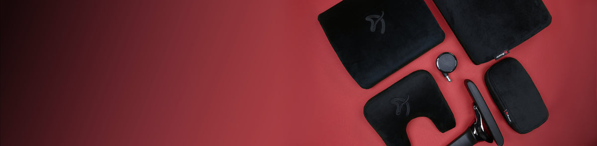 Black Tesla accessories, including cases and a charging plug, arranged on a red surface.
