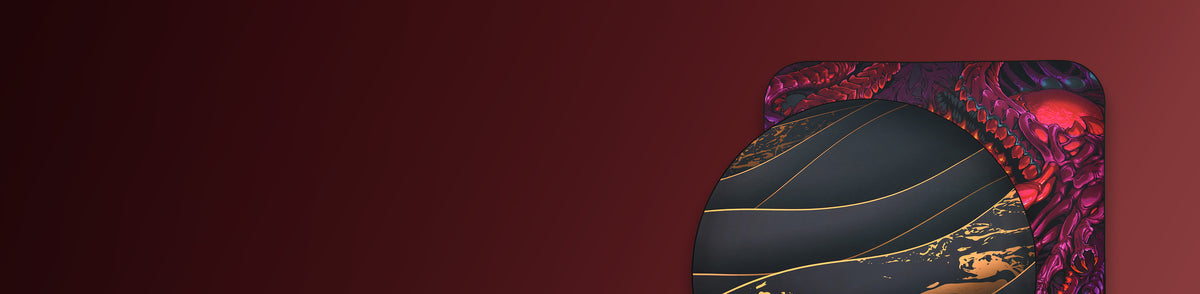 Abstract object with black, gold, and purple swirling patterns on a dark red background.