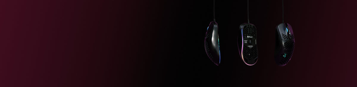 Three black gaming mice with honeycomb shells hanging against a dark gradient background.