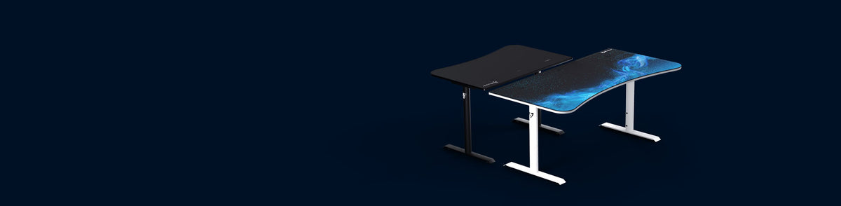 Two curved desks, one black and one white, on a dark blue background.