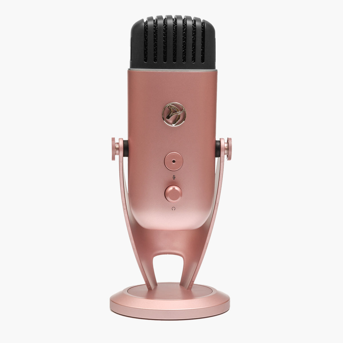 Arozzi Europe Colonna Microphone, rose gold, studio sound, black top, front buttons, round base.