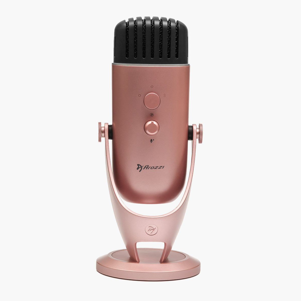 Arozzi Europe Colonna rose gold USB mic with stand, front view, on white background.