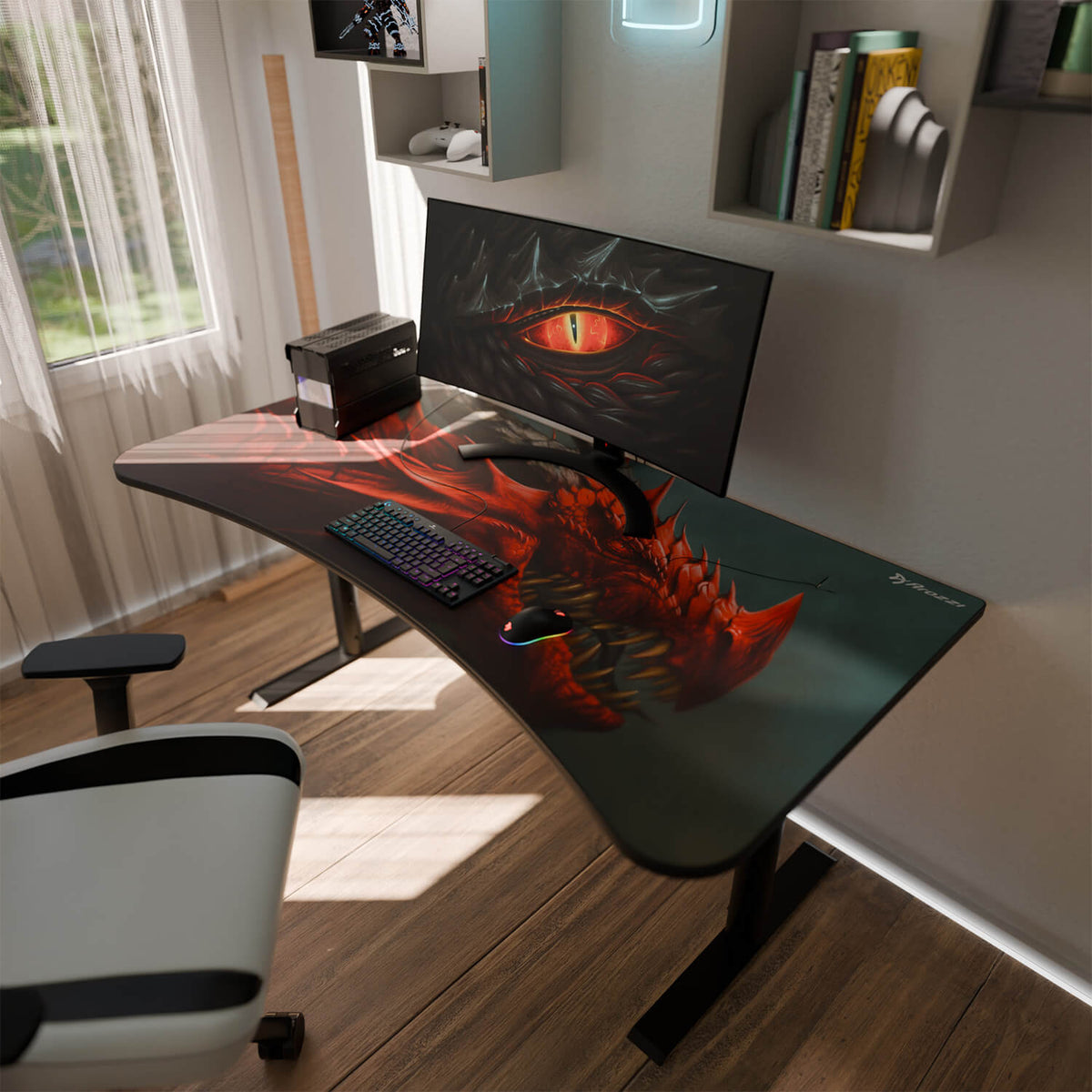 Curved desk with dragon design, Arozzi Europe Arena Mousepad, dragon eye monitor, keyboard, shelves.