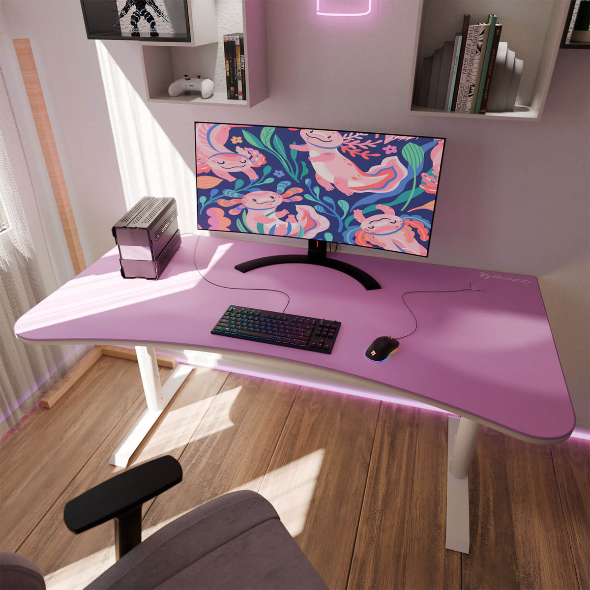 Arozzi Europe’s Arena Mousepad: pastel desk setup with monitor, keyboard & axolotl design.