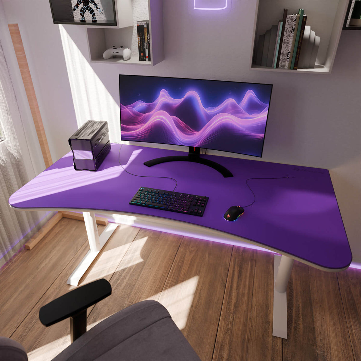 Modern desk with purple Arena Mousepad by Arozzi Europe, monitor, keyboard, and mouse on wood floor.