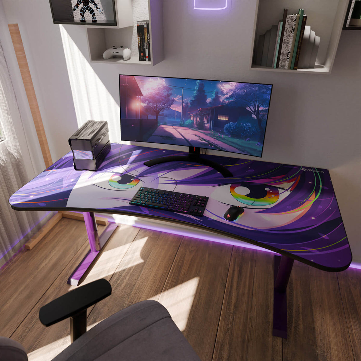 Arozzi Europe Arena Mousepad, anime gaming desk, monitor & keyboard in a modern room.