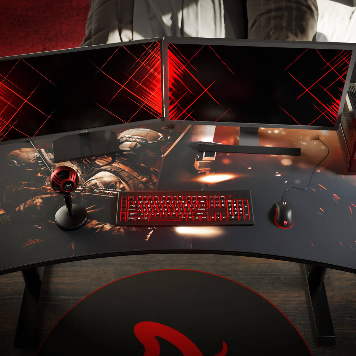 Curved desk with dual monitors, red-lit keyboard, Arozzi Arena mousepad, mouse, and mic.