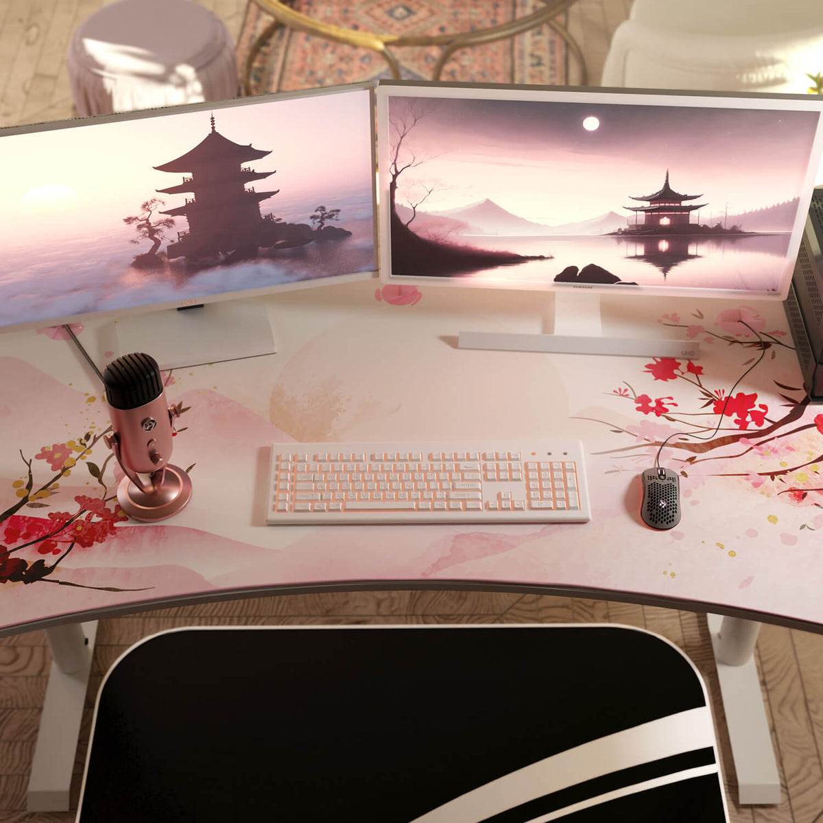 Curved desk, dual monitors, pink keyboard, Arozzi Europe Arena Mousepad, mic, cherry blossom.