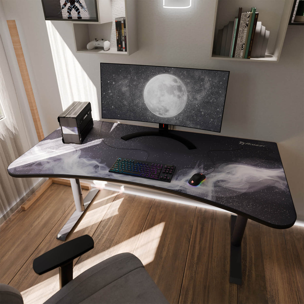 Computer desk with curved monitor, Arena Mousepad by Arozzi Europe, keyboard, and desktop PC.