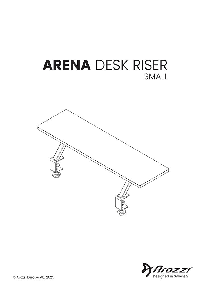 Line drawing of a rectangular desk riser with two clamp mounts, labeled ARENA DESK RISER SMALL..