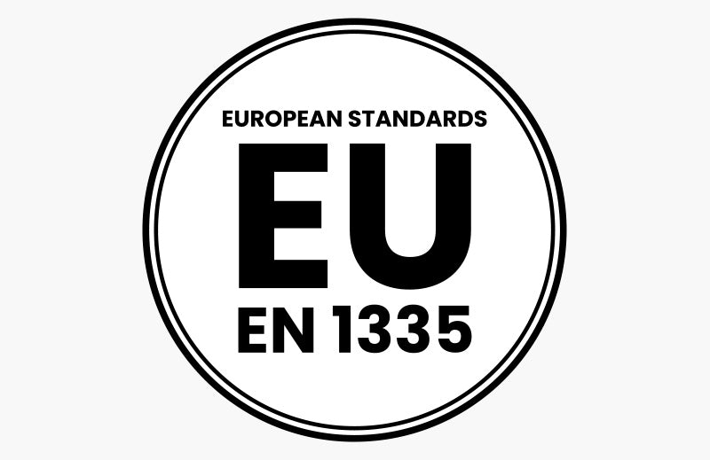 Black and white EU EN 1335 European Standards badge in a double circle on a white background.