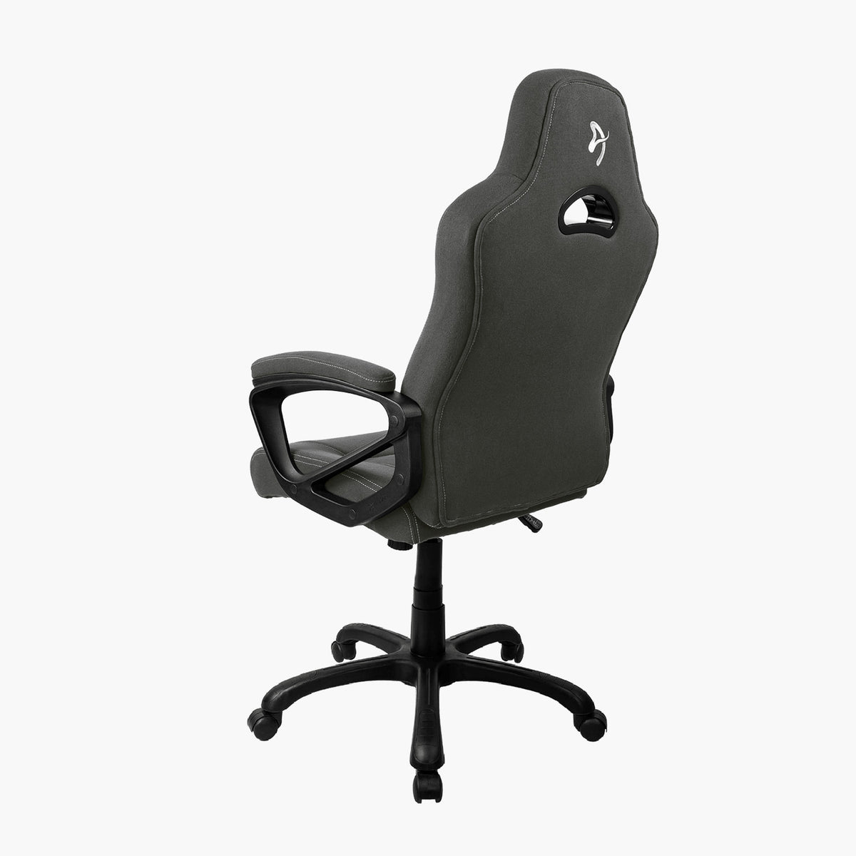 Enzo Woven Fabric by Arozzi Europe: black entry-level chair with armrests, rear view on white.