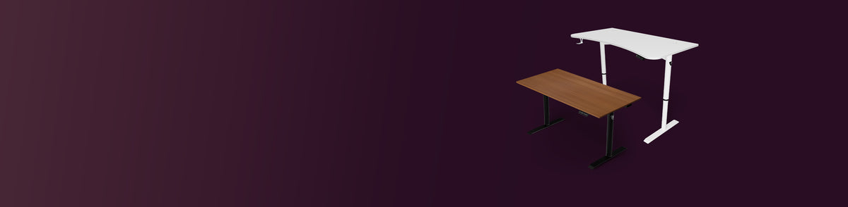A brown desk and a white desk on a dark purple background, spaced apart on the right.