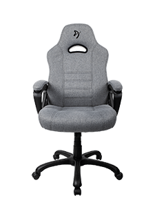 Gray ergonomic office chair with armrests and a five-wheel black base, front view.