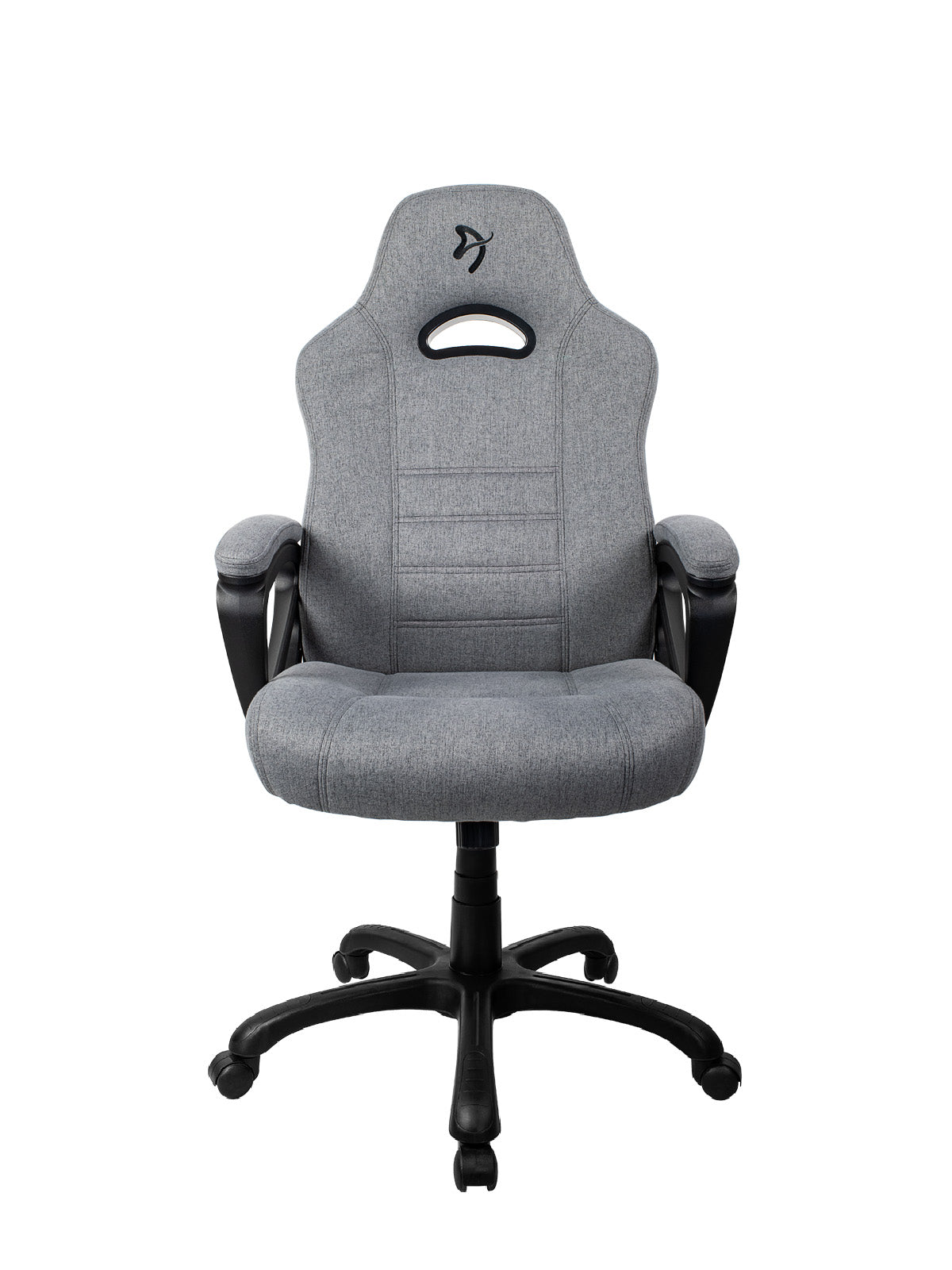 Gray ergonomic office chair with black armrests and a five-wheel black base, front view.