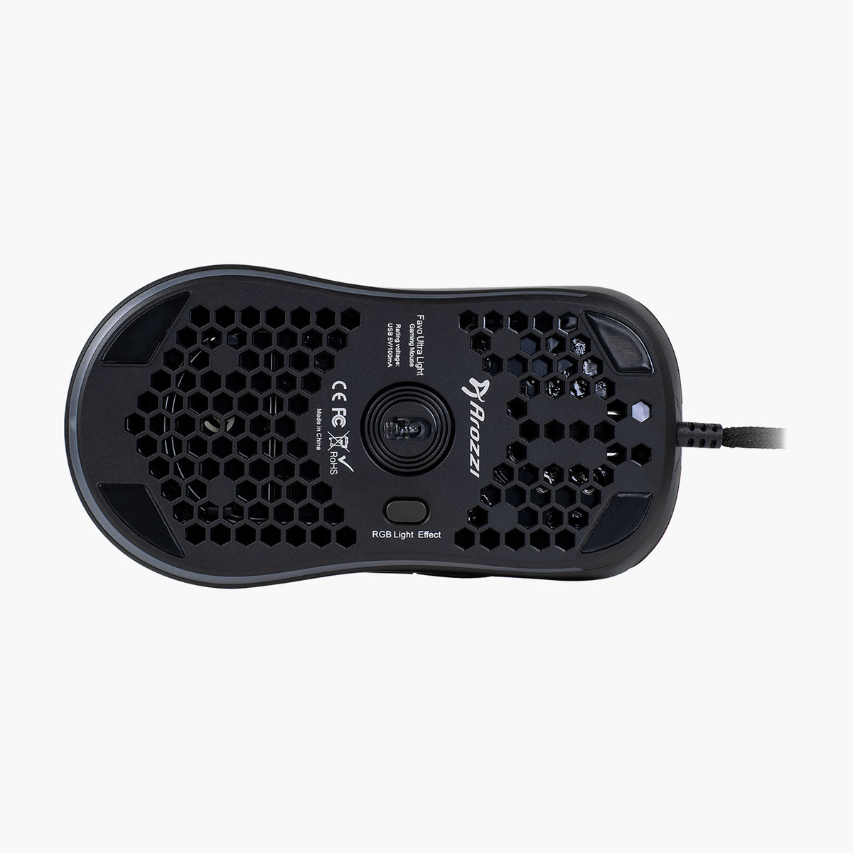 Arozzi Europe Favo Ultra Light Gaming Mouse, bottom view with hexagonal cutouts and branding.