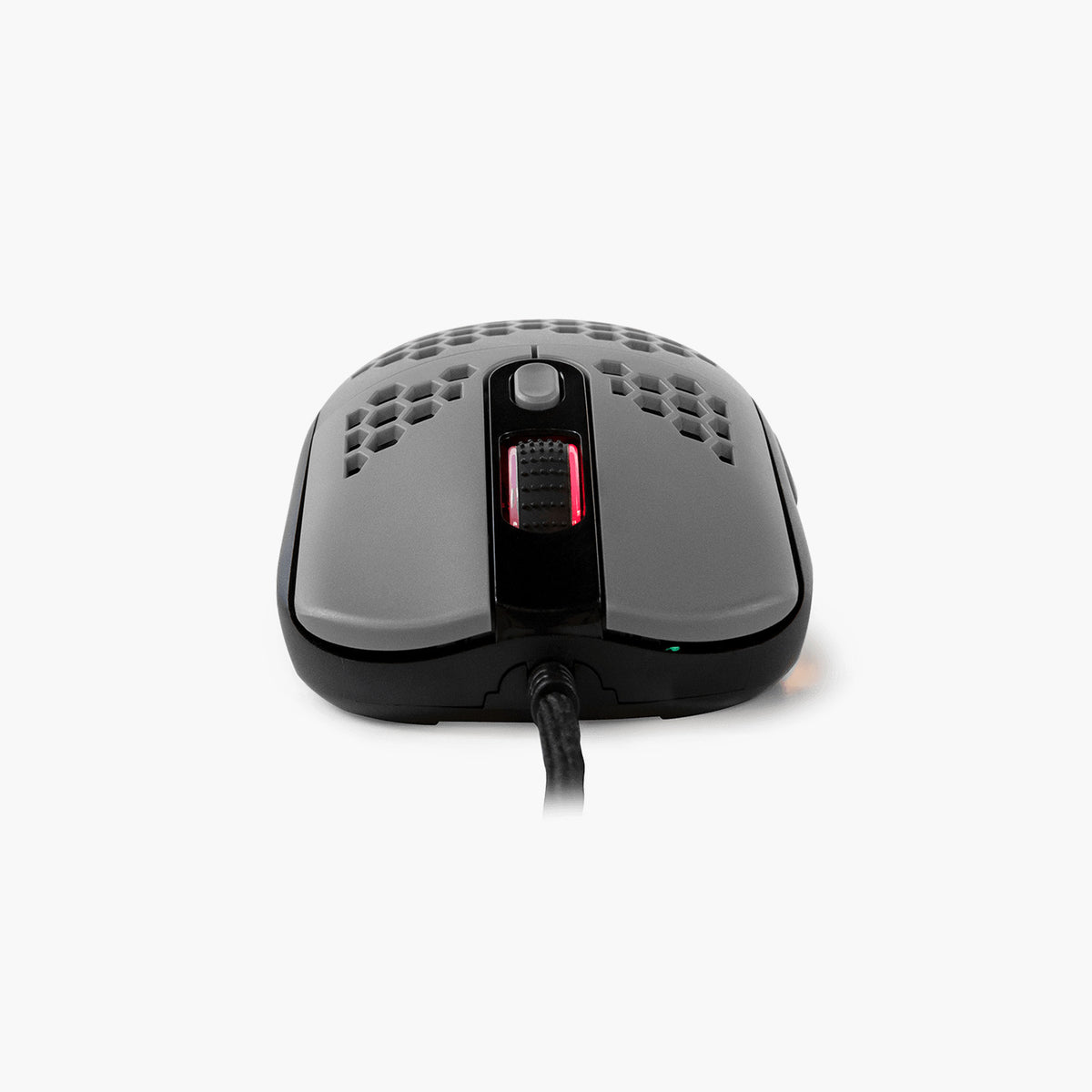 Arozzi Europe Favo Ultra Light Gaming Mouse, front view with pink-lit scroll wheel on white.