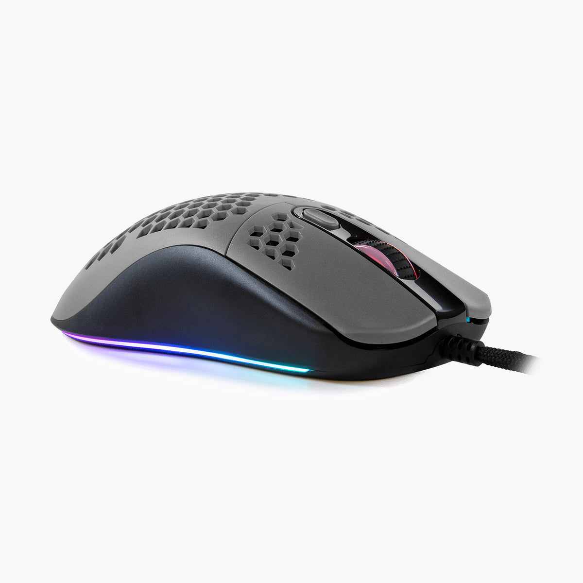 Arozzi Europe Favo Ultra Light Gaming Mouse with RGB, honeycomb design, side view.
